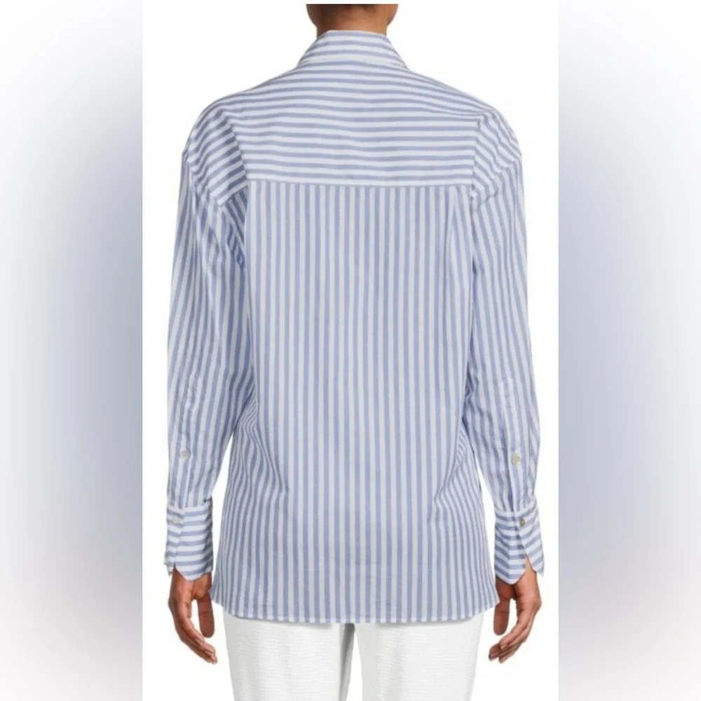 Vince Oversized Striped Long Sleeve Shirt Riviera Blue White Size Large - Picture 2 of 7